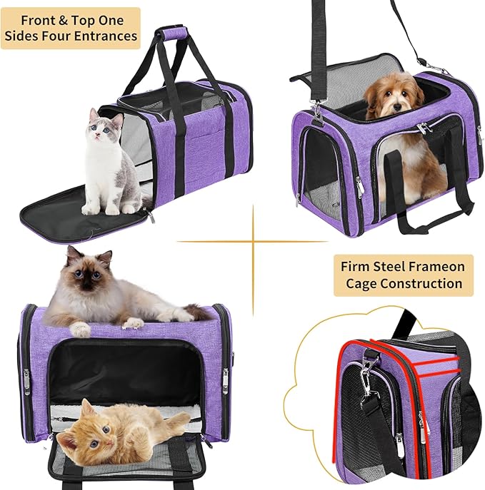 Soft-Sided Cat/Dog/Pet Carrier, Collapsible Pets Travel Carriers for Big Cats/Small Dogs with Shoulder Strap & Removable Mat, Mesh Puppy Carry Bag, Up to 25 Lbs(Purple)