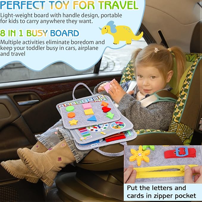 Esjay Toddler Busy Board Montessori Toys for Boys Girls, Sensory Book Educational Activities for Learning Fine Motor Skills, Birthday Gifts for Toddlers, Travel Toys for Airplane Car,Grey Dinosaur