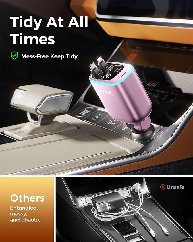 iPhone Car Charger, Retractable Fast USB C Phone Charger, 4 in 1 Cigarette Lighter Adapter with 2 Cables 25 Inch and 2 USB Ports, Multi Port USB Car Charging for iPhone 17/16/15/14/13/Pro Max-Pink