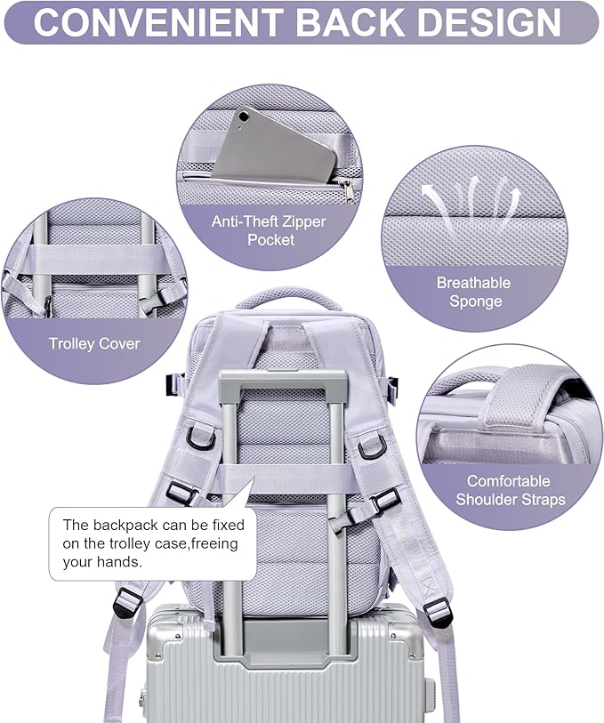 Travel Backpack Women,Carry On Backpack Flight Approved 18x14x8 inches Bag Spirit Airlines Personal ltem,College Sports Hiking Rucksack Waterproof Casual Daypack Laptop Blackpack Men Taro Purple