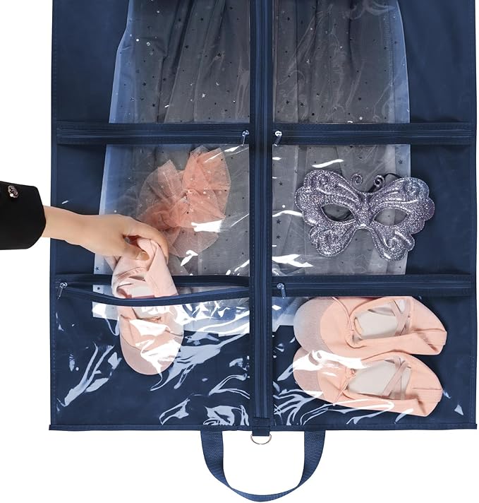 KEEGH CLear Garment Bags for Dance Costumes 40 inch Dance Garment Bags for Dancers Hanging Clothes for Closet Storage, with 4 Zipper Pockets for Dance Competitions, Ballet, Theatre, 2 Pack, Navy Blue