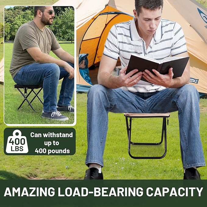 Ultra-Thin Portable Folding Stool - 1.97" Slim Fold, 0.99LB Lightweight, 200LB Capacity Camping Chair for Adults, Compact Collapsible Seat for Outdoor Fishing, Hiking, Events & Queue（Khaki）