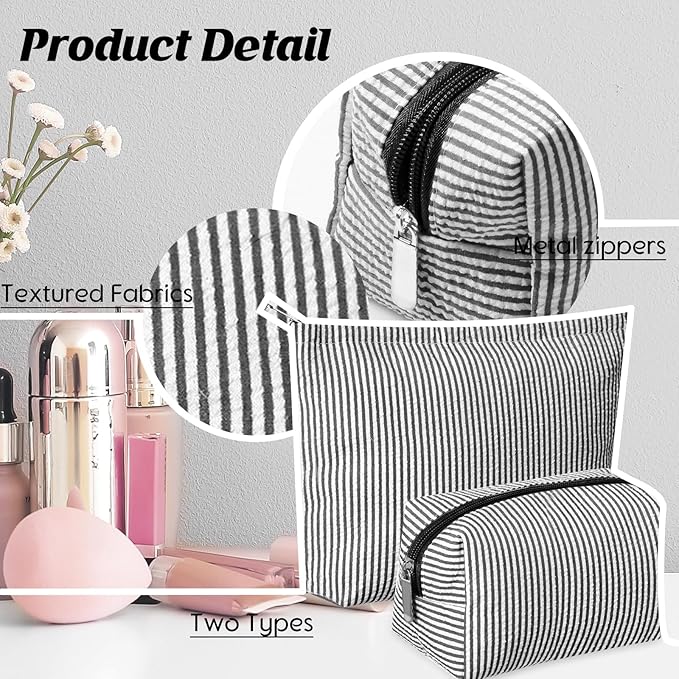 Huhumy 2 Pcs Makeup Bag Set Cute Cosmetic Pouch for Women Seersucker Travel Toiletry Bag Preppy Small Makeup Purse Pouch Aesthetic Skincare Brushes Storage Organizer for Valentine Women(Black)
