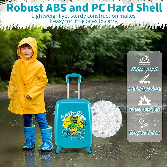 Goplus 2 PCS Kids Luggage, 13" & 16" Carry-on Suitcase w/Spinner Wheels, Telescopic Handle, Hard Shell Rolling Trolley Luggage for Toddler Boys Girls Travel, Airline Approved (Blue, Dinosaur)