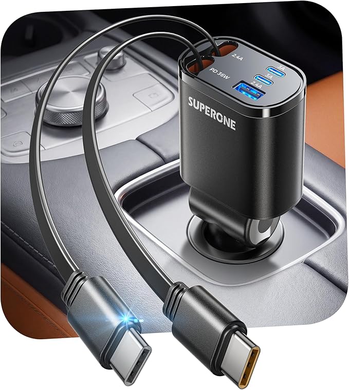 SUPERONE 90W Retractable Car Charger with Dual Type C Cables, Car Adapter USB C Fast Charger, 5-in-1 Multi Port Fast Charging Compatible with iPhone 17 16 15 14 13 12, Galaxy, Pixel, iPad - Black