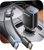 SUPERONE 90W Retractable Car Charger with Dual Type C Cables, Car Adapter USB C Fast Charger, 5-in-1 Multi Port Fast Charging Compatible with iPhone 17 16 15 14 13 12, Galaxy, Pixel, iPad - Black