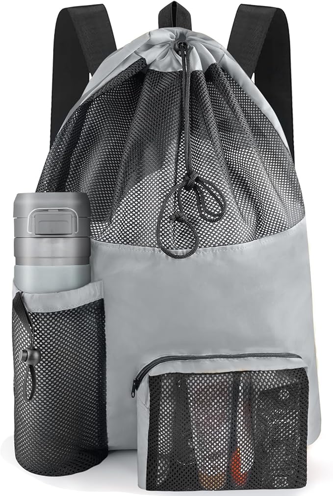 HOHOM Swim Mesh Beach Bag, Waterproof Gym Bags for Women and Men, Large Pool Bag Swimming Gear Drawstring Backpack
