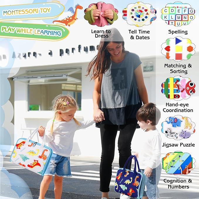 Esjay Toddler Busy Board Montessori Toys for Boys Girls, Sensory Book Educational Activities for Learning Fine Motor Skills, Birthday Gifts for Toddlers, Travel Toys for Airplane Car, White Dinosaur