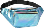 Holographic Fanny Pack Belt bag - Crossbody Waist Bag for Men or Women - Hands-Free, Waterproof Large Bumbag for Hiking, Running, and Travel (Blue Glitter)