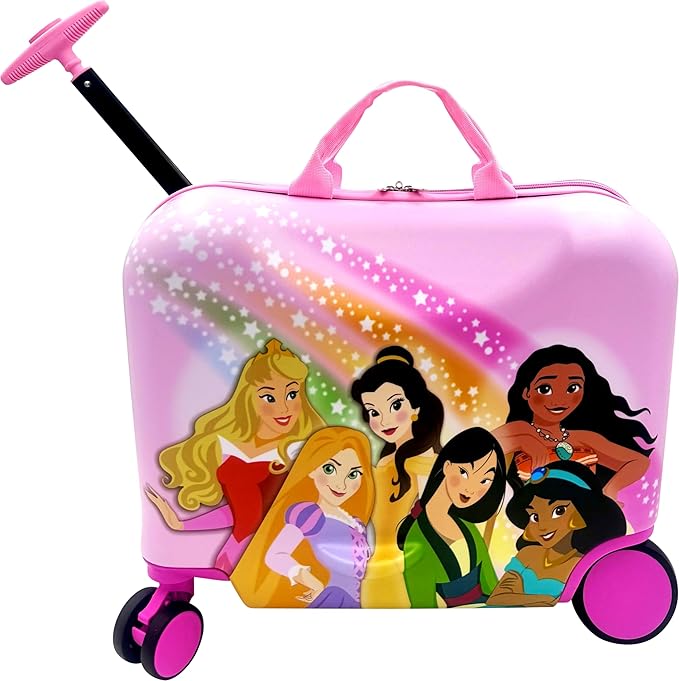 Fast Forward 2-in-1 Kids 18” Suitcase & Ride-On Luggage -Lightweight Tow-Along Toddler Luggage With Wheels (Princess)