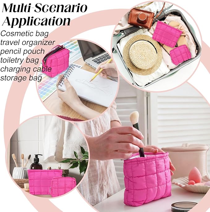 Huhumy 2 Pcs Puffy Makeup Bag Quilted Cosmetic Pouch for Women Cute Checkered Travel Toiletry Bag Puffer Makeup Organizer Purse Pouch Preppy Pencil Case with Zipper(Hot Pink)