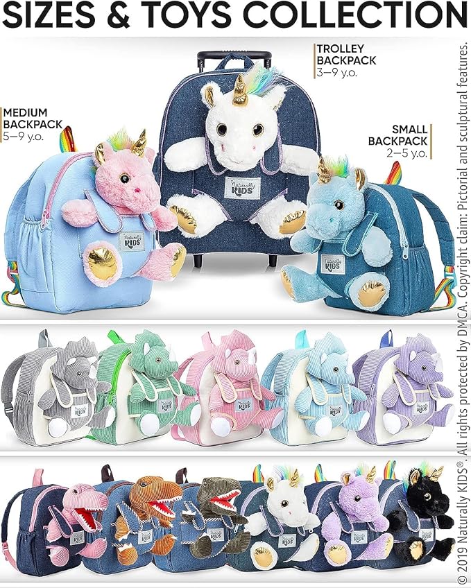 Naturally KIDS 【Upgraded】 Medium Backpack w Removable Pink Unicorn Toy for Girls Age 4-7 | Side & Inner Pockets, Reflective Logo, Name Tag | Unicorn Gifts for 5 Year Old Girls – Medium size
