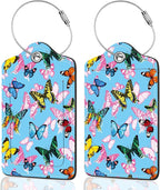 2Pack Luggage Tags for Suitcases, Cute Unique Pu Leather Cruise Luggage Tag with Privacy Cover ID Label Address Card and Metal Ring Suitable for Women Men Kids Travel Bag Pink Butterfly