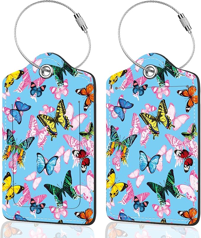 2Pack Luggage Tags for Suitcases, Cute Unique Pu Leather Cruise Luggage Tag with Privacy Cover ID Label Address Card and Metal Ring Suitable for Women Men Kids Travel Bag Pink Butterfly