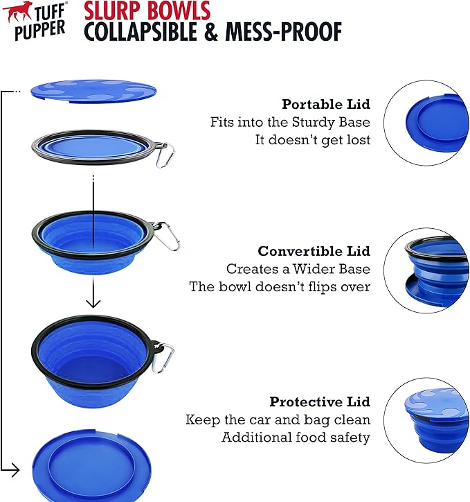 Tuff Pupper SuperBigSlurp Collapsible Dog Bowls | Two Pack Bowls | Extra Large Capacity | Portable, Food Safe, Odorless | Non-Toxic Silicone [Two Pack Blue Bowls 100oz]