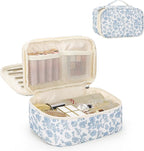 Relavel Travel Makeup Bag, Small Floral Cosmetic Bag with Makeup Brush Compartment, Portable Makeup Pouch for Women, Double Layer Makeup Organizer Bag Cute Toiletry Bag
