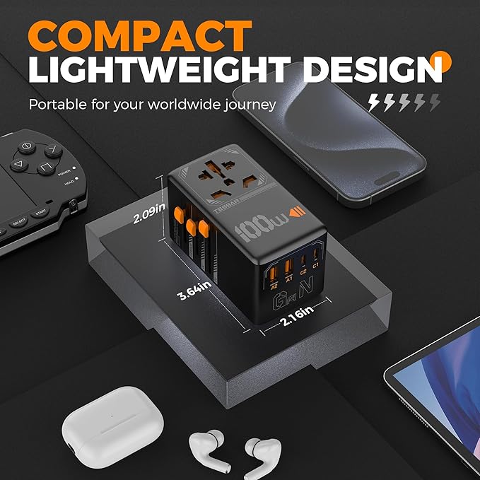 TESSAN Universal Travel Adapter, 100W GaN International Power Adaptor with 4 USB Ports (2 USB C), Worldwide Plug Adapter for US to EU Europe UK AUS France Italy Spain Ireland(Type C G A I), Black