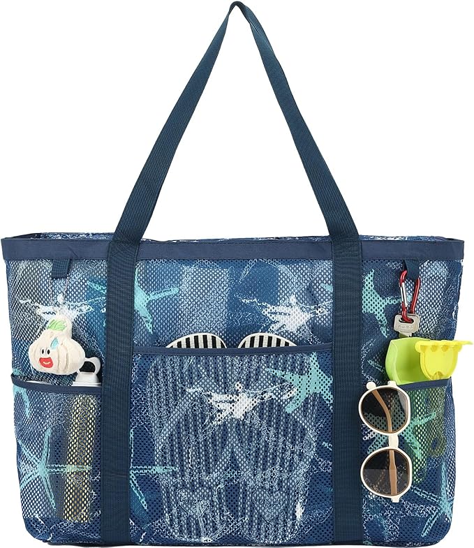 Fammart Mesh Beach Bag with Zipper, Large Beach Tote for Women, Toys Pool Swim Bag Travel Vacation Cruise Essentials
