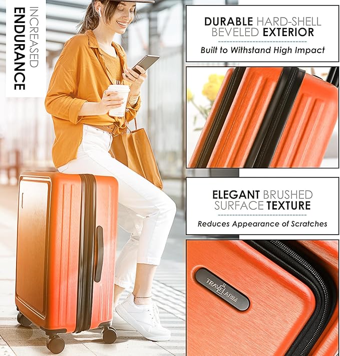 TRAVELARIM Orange Hardshell Luggage Sets 4 Piece, Durable Suitcase Set, Travel Luggage Set with Integrated TSA Lock, 360° Spinner Wheels, Expandable Medium and Large Checked Suitcase, 20/24/28 Inch