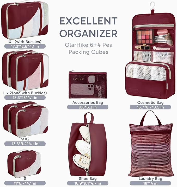 10 Set Packing Cubes for Travel, Gifts for Women Mom,Anti-Tearing Suitcase Organizer,OlarHike Vacation Essentials & Accessories for Cruise Ship