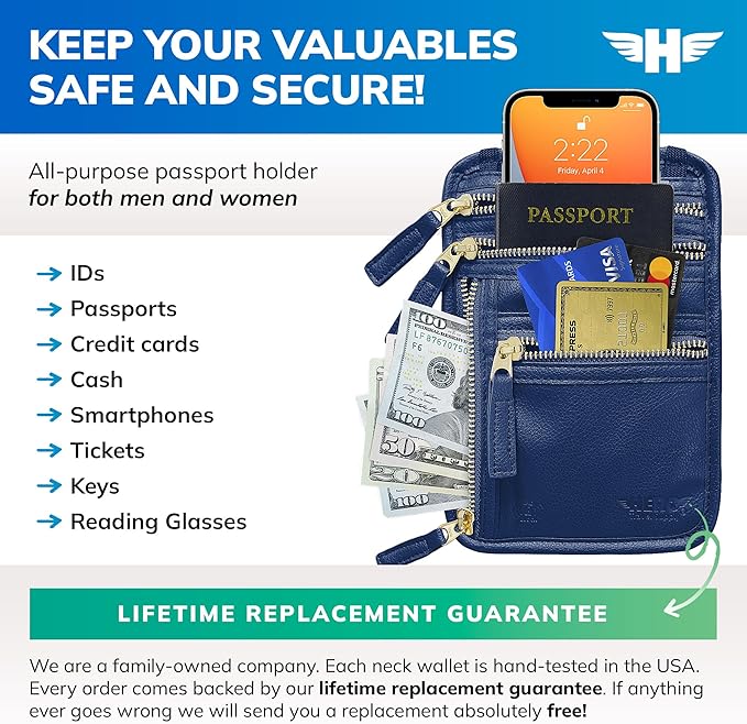 HERO Neck Wallet, RFID Blocking Vegan Leather Passport Holder Travel Pouch (Navy Blue)