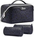 BOYATU Travel Makeup Bags Cosmetic Organizer Bag: 3 Pcs Set Large Capacity Make up Bag with Compartments - Waterproof Leather Toiletry Bags with Handle for Women (B-Blue)