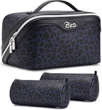 BOYATU Travel Makeup Bags Cosmetic Organizer Bag: 3 Pcs Set Large Capacity Make up Bag with Compartments - Waterproof Leather Toiletry Bags with Handle for Women (B-Blue)
