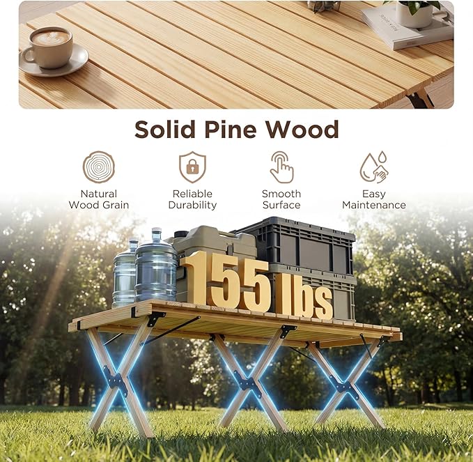 GYMAX 48 Inch Folding Camping Table, Roll-Up Pine Wood Picnic Table with Carry Bag, Portable Lightweight Low Beach Table for BBQ, Party, Backyard Camping