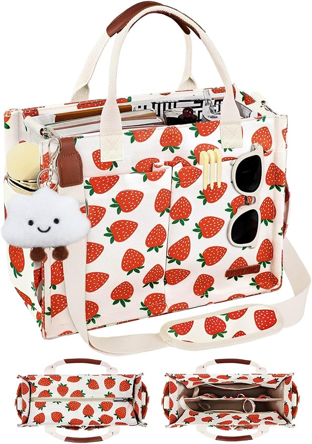 BESBESME Canvas Tote Bag for Women with Zipper & Compartments– Large Work & College Laptop Tote Crossbody Shoulder Bag