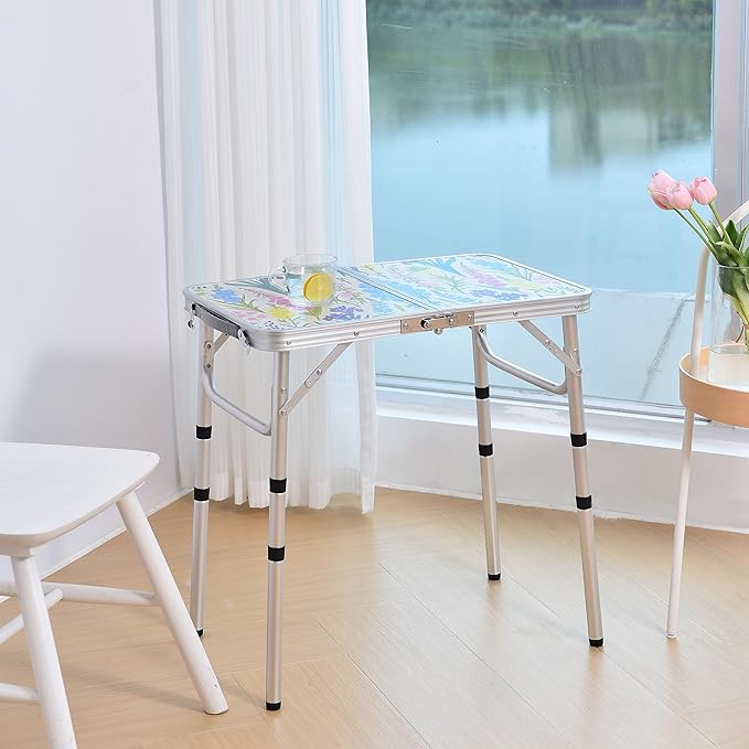 Folding Camping Table 2ft Portable Picnic Table Adjustable Height, Small Lightweight Aluminum Foldable Card Table,Hands-Free Carry for Outdoor Camp BBQ Beach (Blooming Floral with Shoulder Strap)