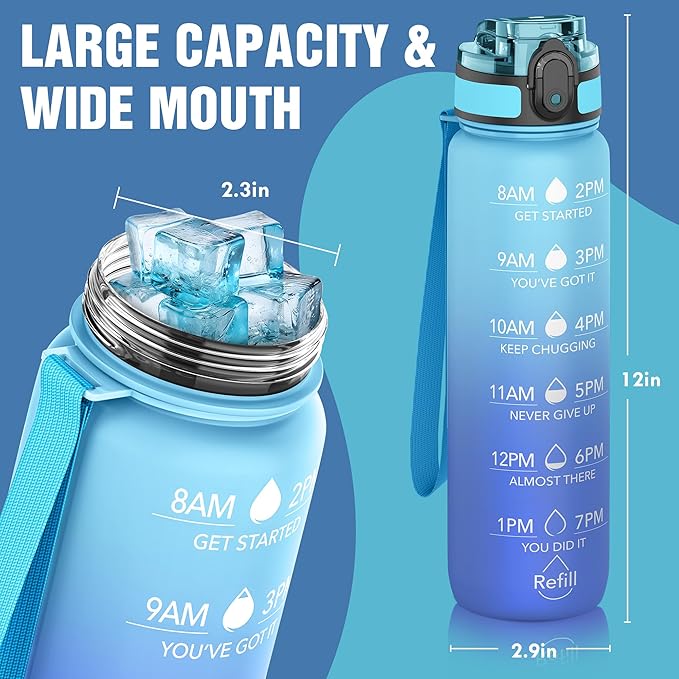 OLDLEY Water Bottle, 32oz Motivational Sports Water Bottle with Time Marker - Times to Drink - Tritan, BPA Free, Wide Mouth Leakproof, Anniversary Birthday Gifts for Men Women, Sky (1 Bottle)