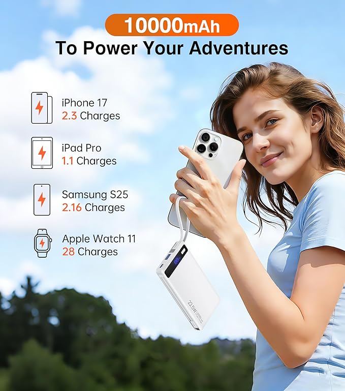 Power Bank with 2 Built-in Cables 10000mAh, 22.5W PD Slim Portable Charger USB C Battery Pack, Travel Essentials Fast Charging Powerbank Compatible with iPhone 17 16 Plus Pro Galaxy iPad White(1 Pack)