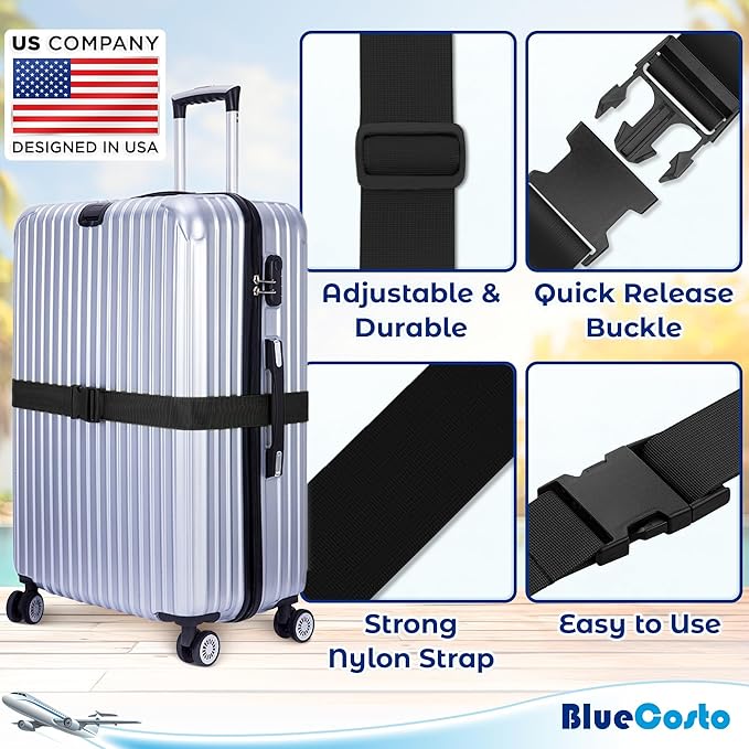 Luggage Straps for Suitcases - TSA Approved - Black, 4 PK - Premium Nylon Belts for Suitcase, Briefcase & Travel Bag - Adjustable Strap Length 46" - 78"