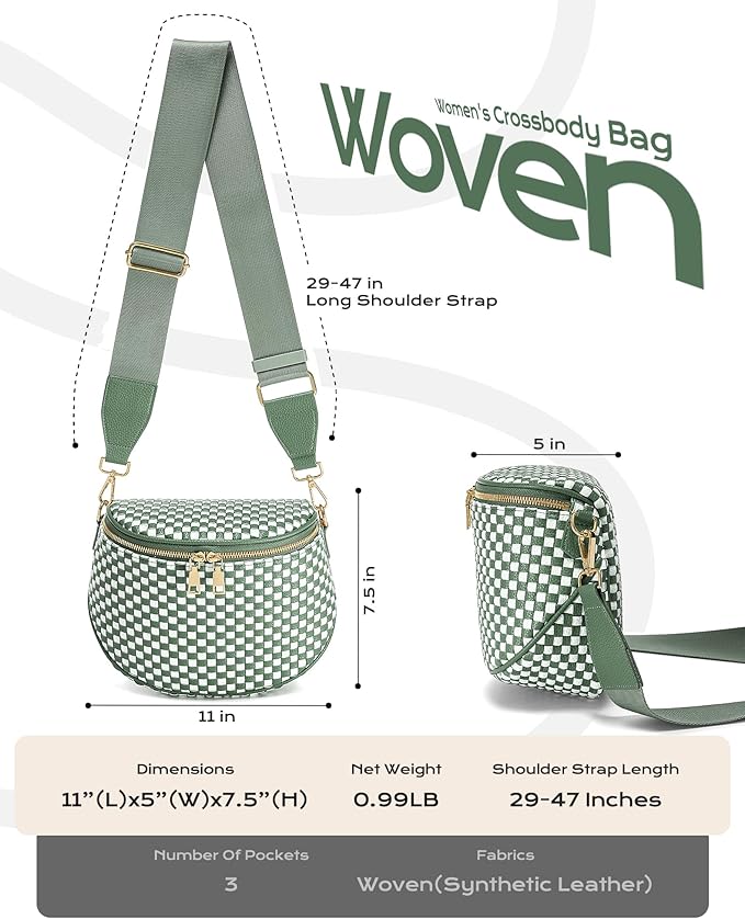Trendy Woven Checkered Crossbody Bum Bag for Women，PU Leather Checkered Purse Fanny Packs Belt Bag (Woven Bum Bag - Bean Green White)