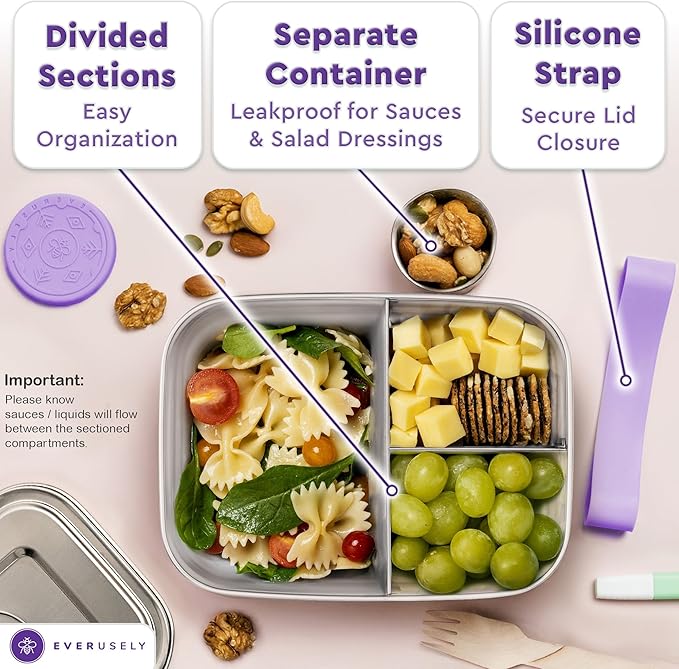 Everusely - Bento Box - Lavender, 47oz / 1.4 L - Large Stainless Steel Lunch Box with Leakproof Condiment Container - 3 Compartment Snack Organizer for On the Go Meals - Freezer & Dishwasher Safe