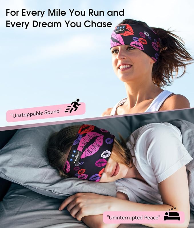 MUSICOZY Sleep Headphones Bluetooth 5.4 Headband, Wireless Earphones Music Sleep Earbuds Sleeping Eye Mask with HD Stereo Speakers for Workout Running Travel Yoga, Ideal Gifts (Rainbow Lip)