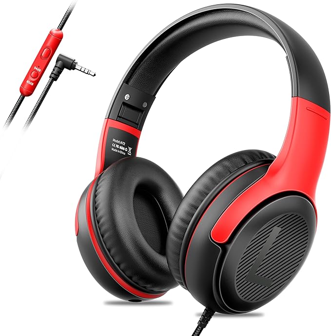 awatrue Kids Headphones for School Travel, 85/94dB Safe Volume Limit, 3.5mm Jack, HD Mic, Portable Wired Headphone with Shareport, Stereo Sound On-Ear Headphones for Toddler Kids Girls Boys BlackRed