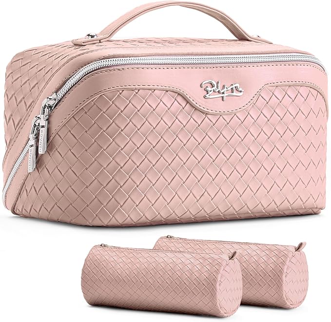 BOYATU Travel Makeup Bag Cosmetic Bags for Women: Large Capacity 3 Pcs Set Make up Bag with Compartments - Waterproof Vegan Leather Toiletry Organizer Bags with Handle (L04 Light Pink)