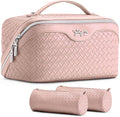 BOYATU Travel Makeup Bag Cosmetic Bags for Women: Large Capacity 3 Pcs Set Make up Bag with Compartments - Waterproof Vegan Leather Toiletry Organizer Bags with Handle (L04 Light Pink)