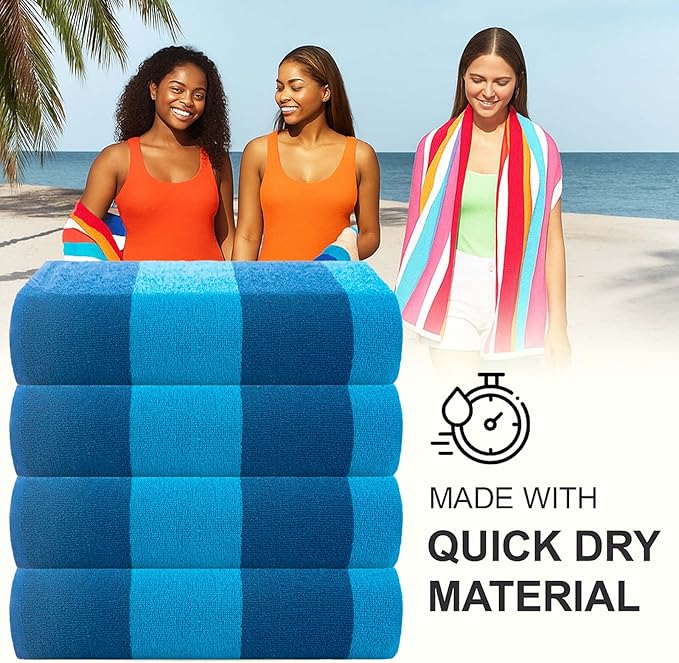 CASA COPENHAGEN Malibu Towel 4Pcs Deep Blue Designer Stripe Beach Towels Gift Set, 30"x60" Oversized 100% Cotton Pool Bath Towel for Beach Gift Set (Perfect Summer Gift Set for Women & Men)