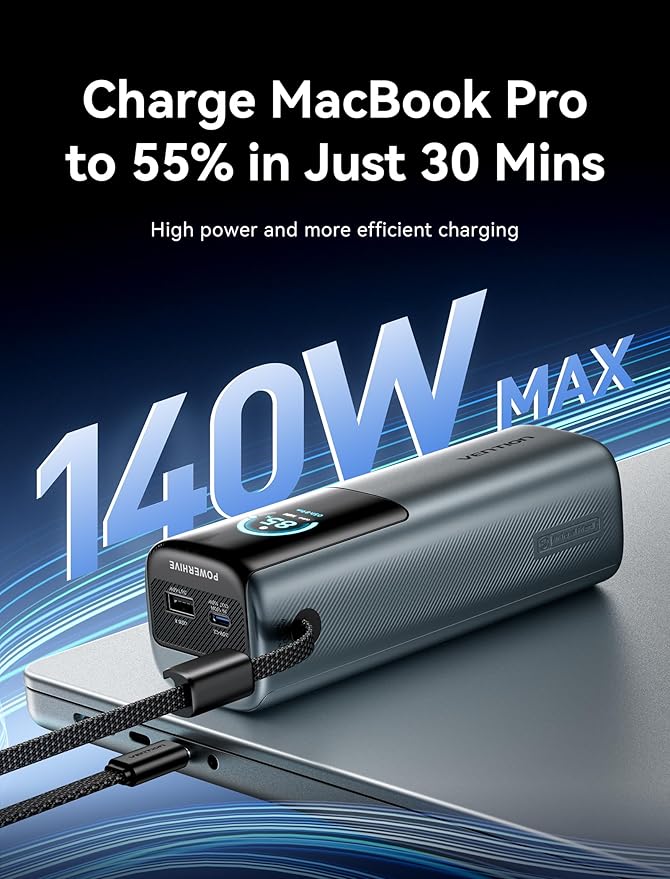 VENTION Powerhive 27000mAh Laptop Power Bank, 200W, Built-in and Extra 240W USB-C Cables, Portable Laptop Charger, Digital Display, for iPhone 17/16/15/14/13 Pro Max, MacBook, Dell, HP, Galaxy S24