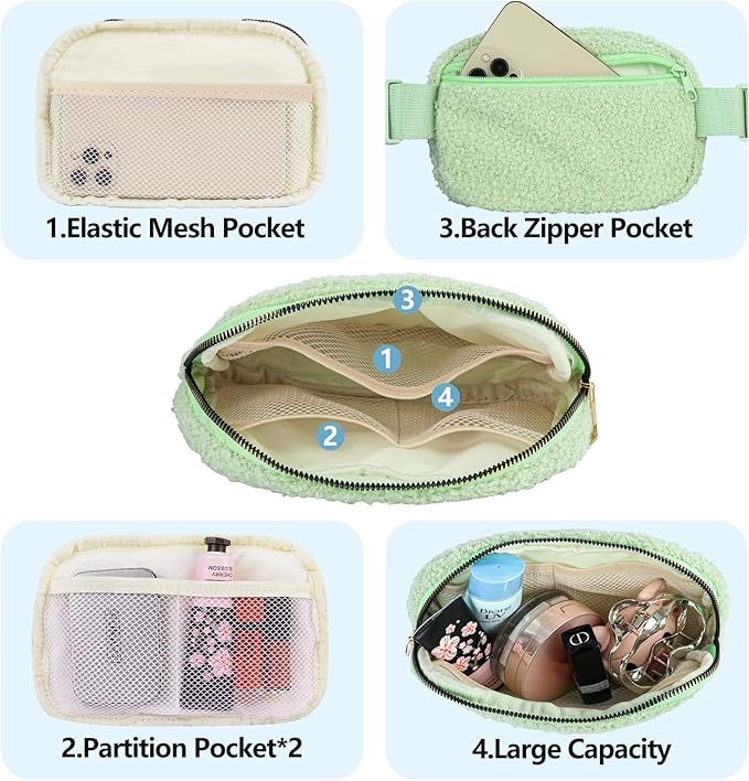 Fleece Fanny pack with Adjustable Strap for Women and Men Crossbody Bag Bum Bag, Waist Pack for Hiking Workout Sports Travel Light Green