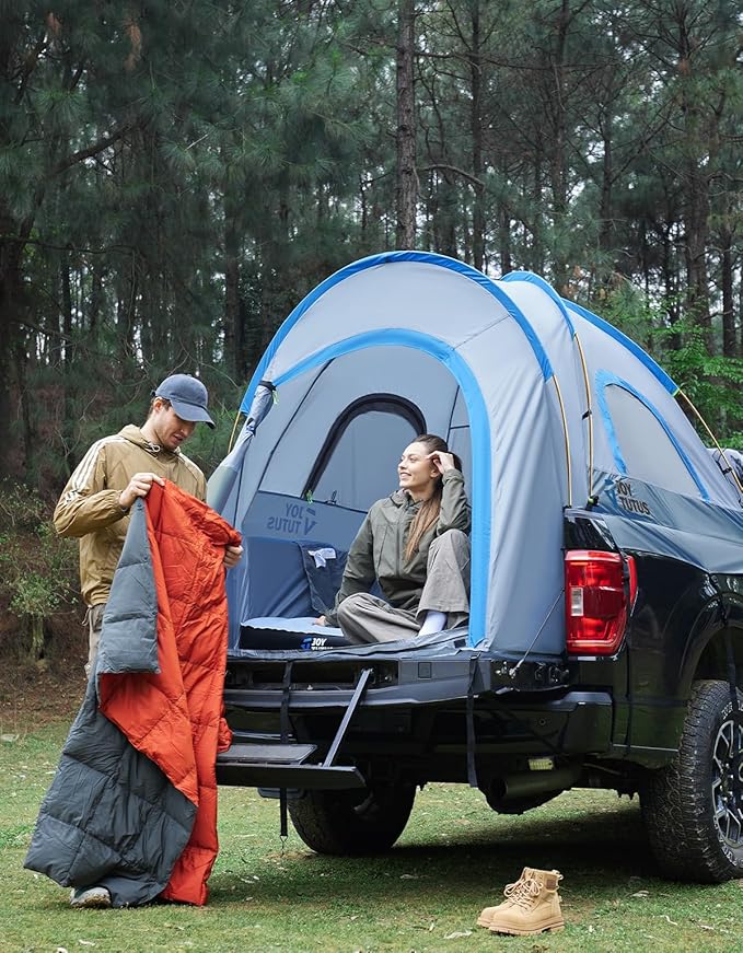 JOYTUTUS Truck Tent, Portable Truck Bed Tent with Rainfly, Truck Tent for 5.0'-5.2' with Aluminum Pole, Waterproof PU2000mm Double Layer for 2 Person - Blue