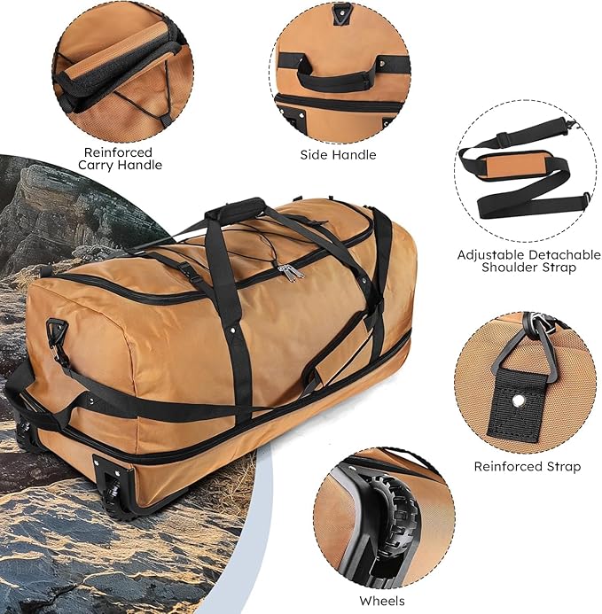Rolling Duffle Bag with Wheels,110L/140L Expandable Soft-Sided Foldable Duffle Bag with 2 Rubber Wheels,Packable 32” Rolling Carry-On with Multi-Pockets & Compartments (brown)