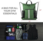 BeeGreen Green Drawstring Bag Gym Cinch Backpack w Shoe Compartment and Two Side Pockets Machine Washable Sports Sinch Sack String Sackpack for Swim Equipment Beach Travel