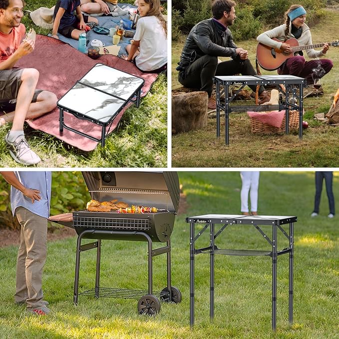 Anbte Folding Camping Table with Storage Net, 3 Adjustable Height Max 27.5" Aluminum Small Folding Table, Portable Table with Carry Handle, Lightweight, for Outdoor Indoor Travel Camping Picnic
