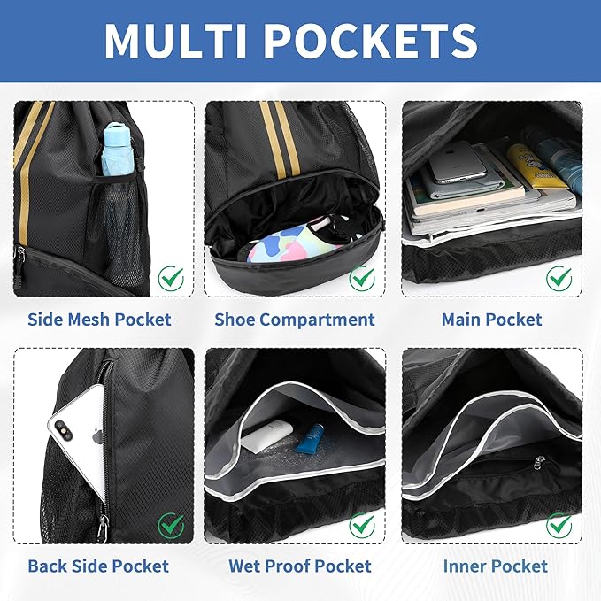 JELUTAR Drawstring Backpack Gym Bag with Shoes Compartment for Soccer, Basketball, Swim, Water-Resistant String Backpack Beach Cinch for Women Men, Black Gold