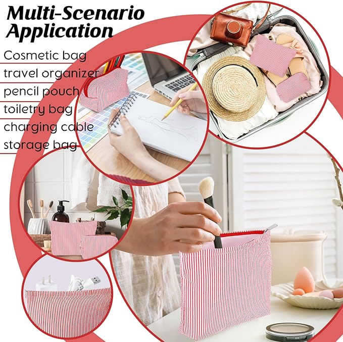 Huhumy 2 Pcs Makeup Bag Set Cute Cosmetic Pouch for Women Seersucker Travel Toiletry Bag Preppy Small Makeup Purse Pouch Aesthetic Skincare Brushes Storage Organizer for Valentine Women(Red)