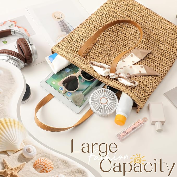 Trifabricy Beach Bags for Women, Large Straw Beach Bag, Beach Tote Bag Shoulder Handbags, Straw Bag Beach Purse for Summer