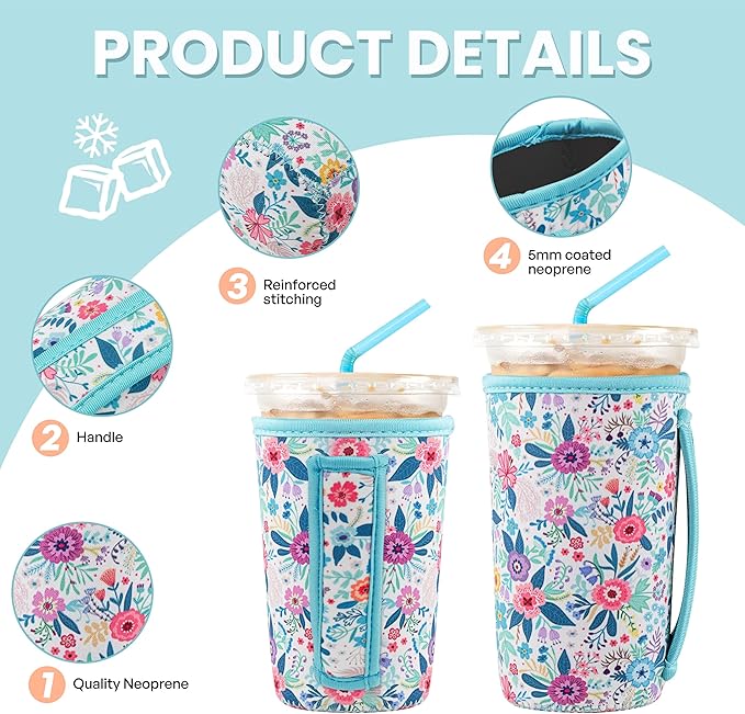 KJQJLY 3 Pack Reusable Iced Coffee Sleeves for Iced Coffee Cups or Drinks Reusable Neoprene Insulated Sleeves for Hot and Cold Drinks from Starbucks, Dunkin, And More (White Flower Bush)